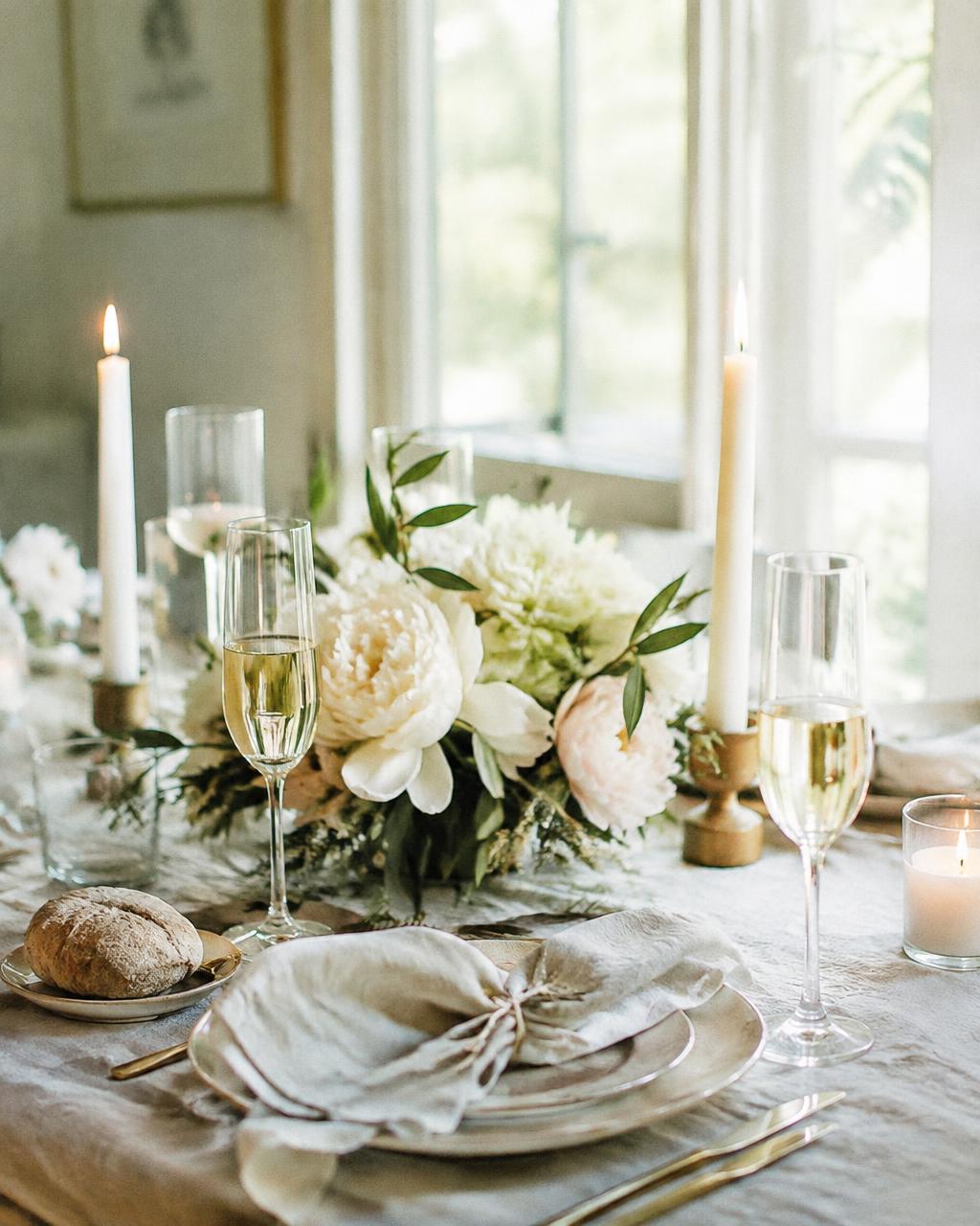 Linen table with peonies and champagne